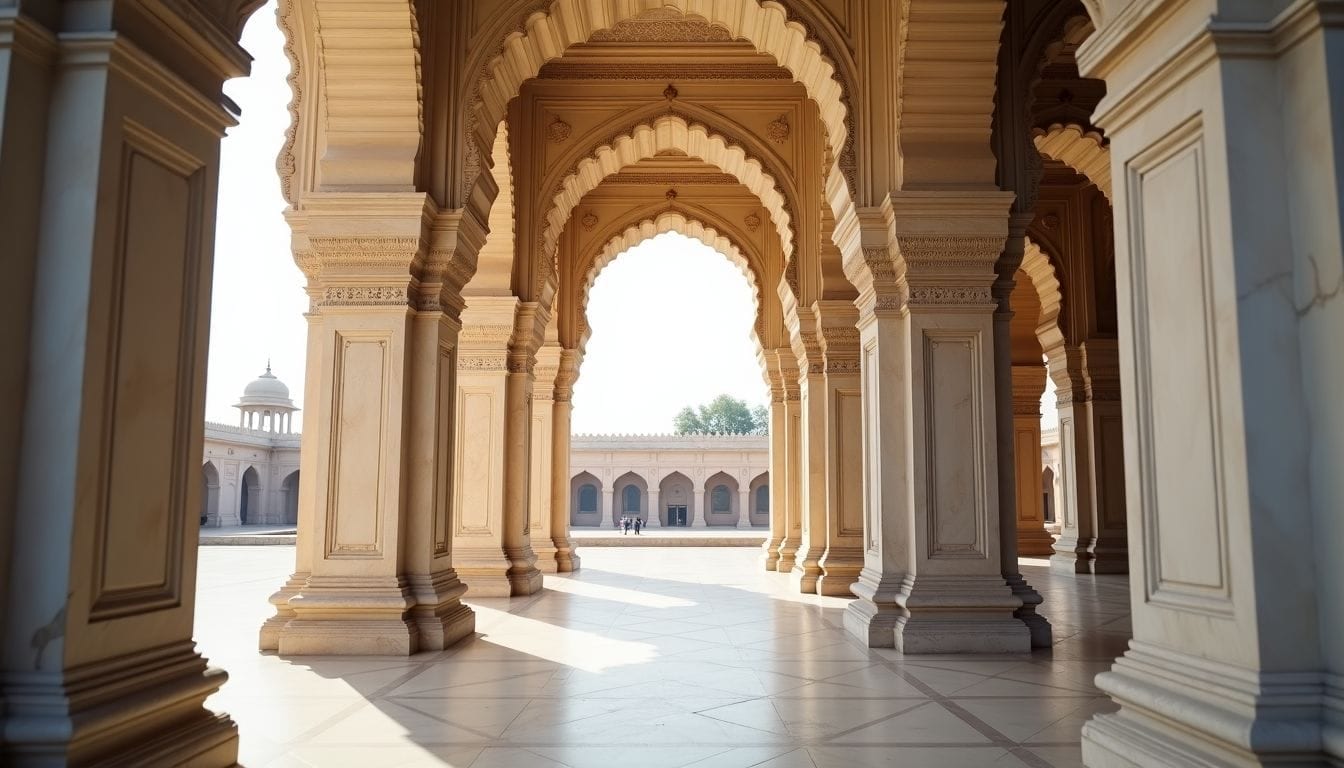 A grand marble temple with intricate carvings and large columns.