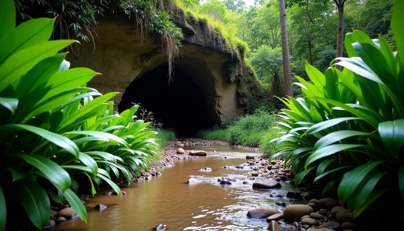 A rugged path leading to a hidden cave surrounded by lush greenery.