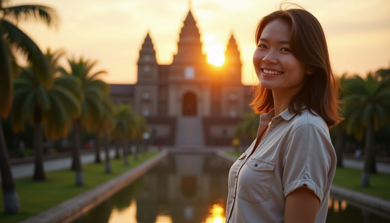 A woman in casual attire enjoys the sunset at Temple of Leah.