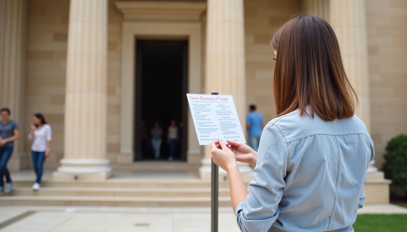 A woman reading entrance fee information at Temple of Leah.