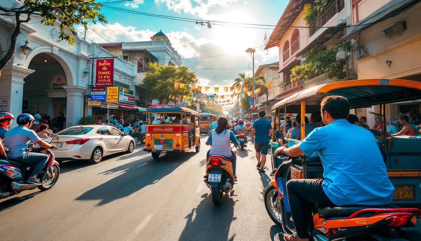 A busy street in downtown Cebu City with colorful transportation.