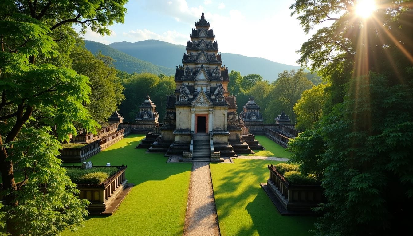 An ancient temple in Cebu City, Philippines, surrounded by lush greenery.