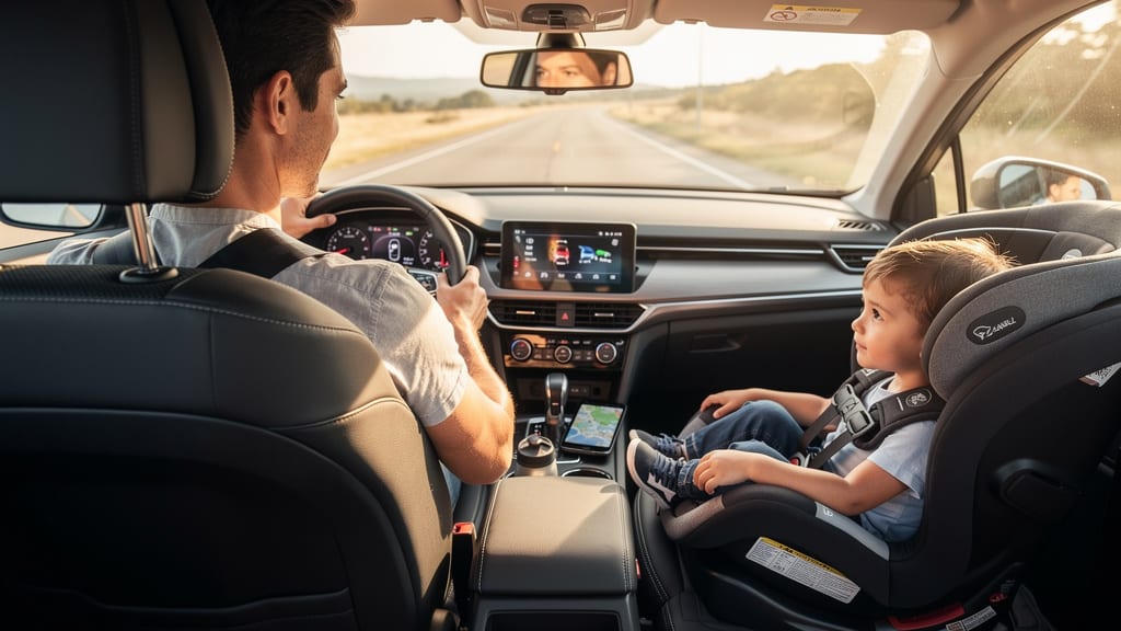 Family traveling safely in vehicle with proper restraints