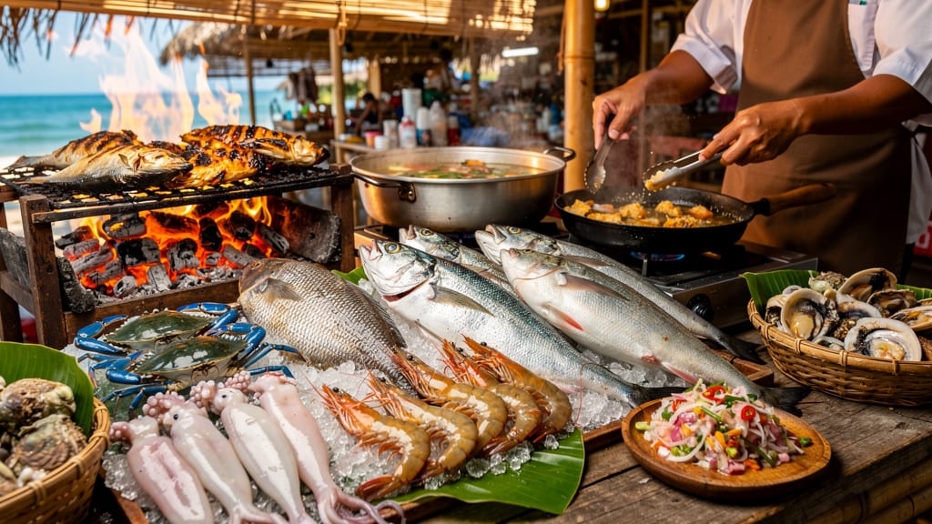 Fresh seafood display with traditional Filipino sutukil cooking methods