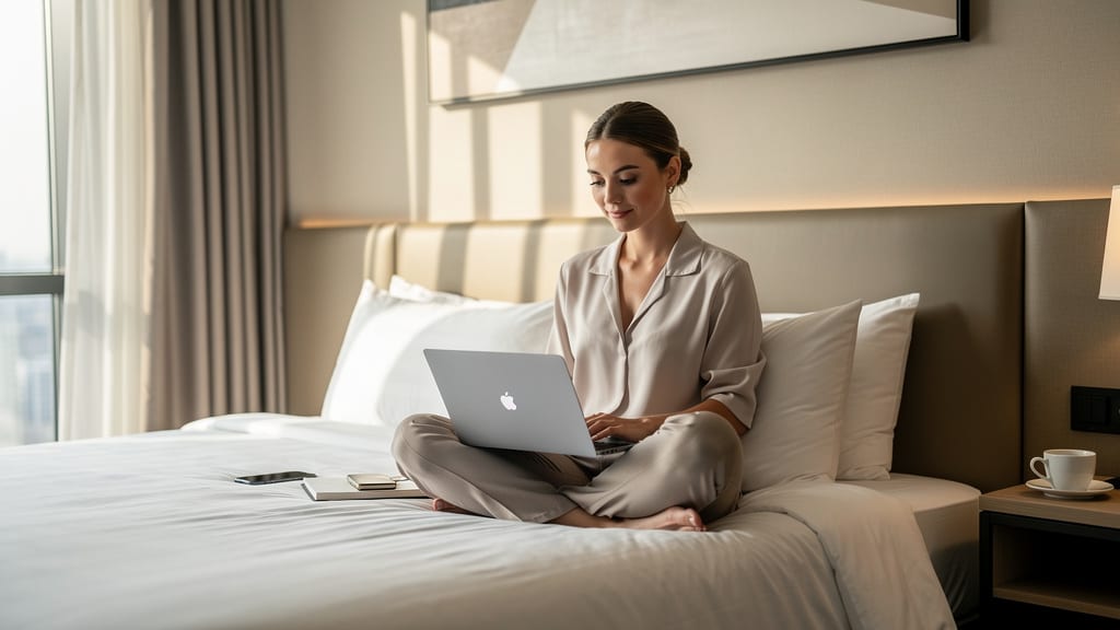 Business traveler working comfortably in hotel room