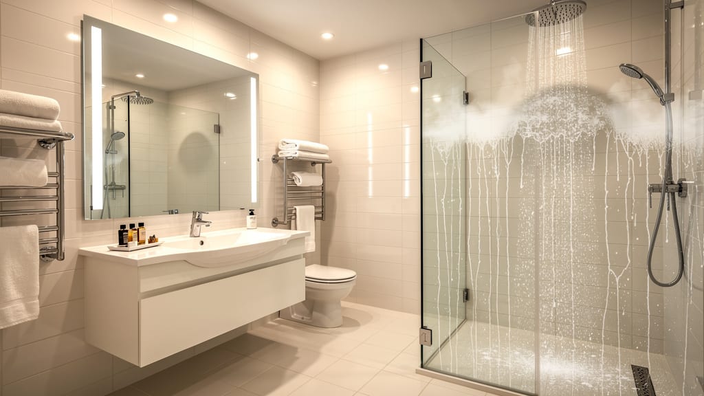 Clean hotel bathroom with hot shower and fresh towels