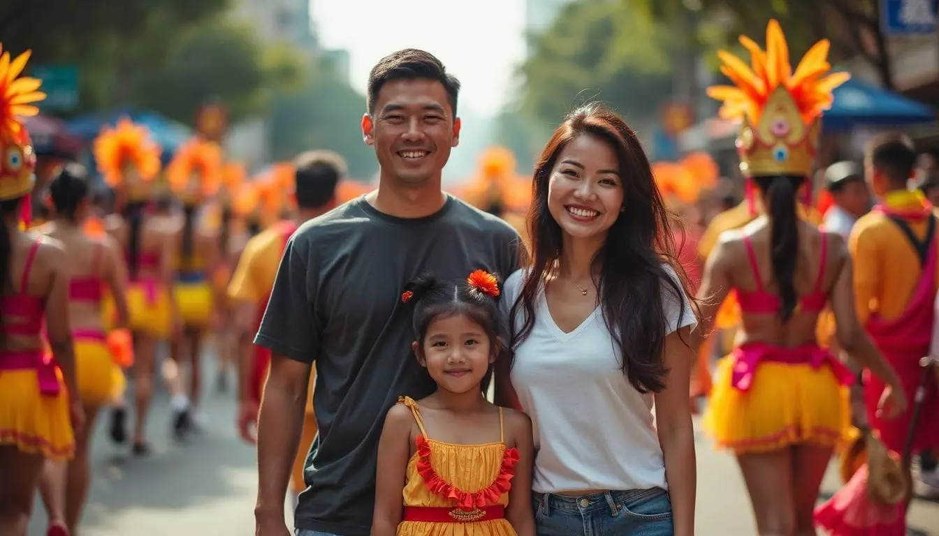 A family enjoys the Sinulog Festival parade with traditional dancers.