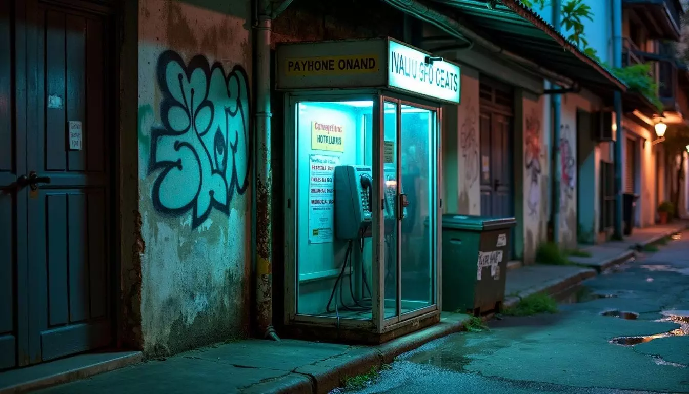 An old payphone booth in a dimly lit urban alley.