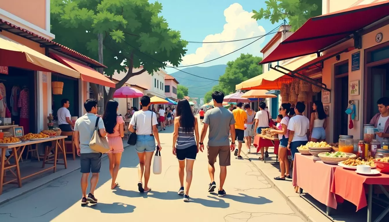 A group of young tourists exploring a lively street market in Cebu.