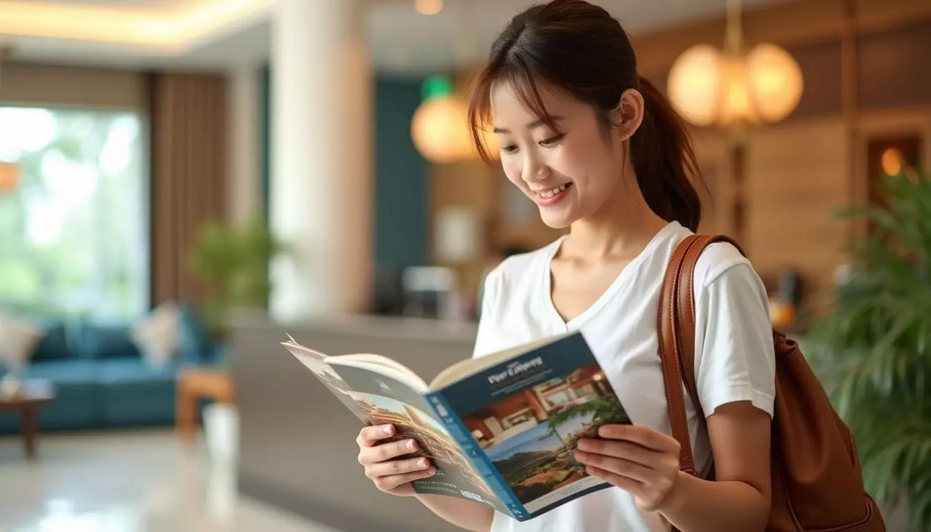 A traveler browses hotel brochures in a cozy Cebu City lobby.