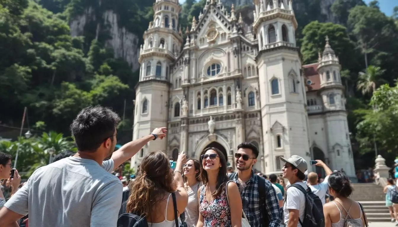 Tourists admire the intricate details of the Simala Shrine in Cebu.