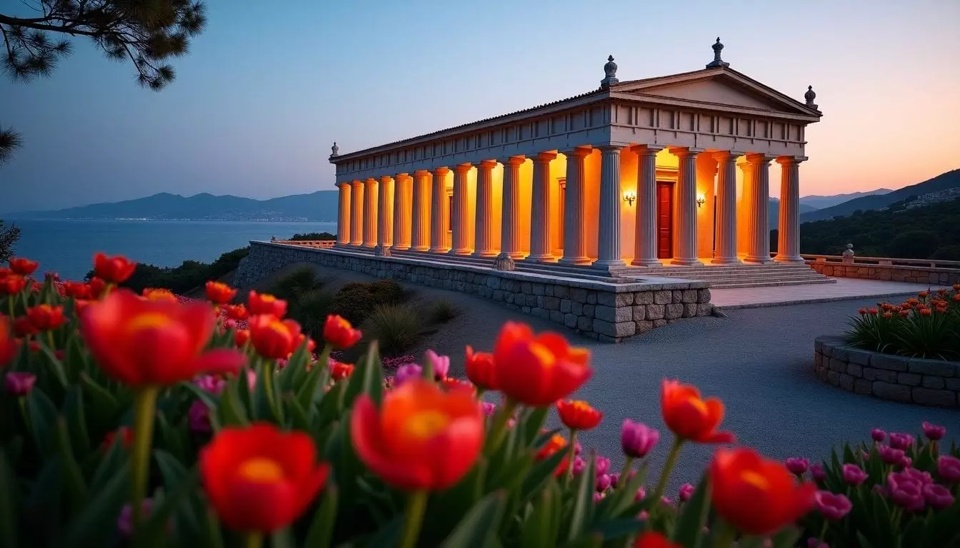 A panoramic view of the Temple of Leah showcasing its Roman-style architecture.