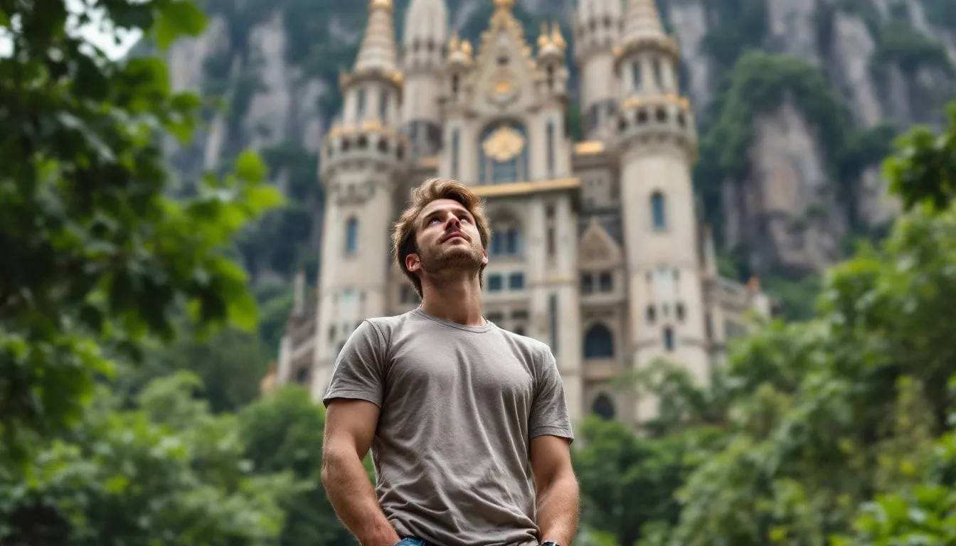 A man admires the grand Simala Shrine in casual attire. A man admires the grand Simala Shrine in casual attire.