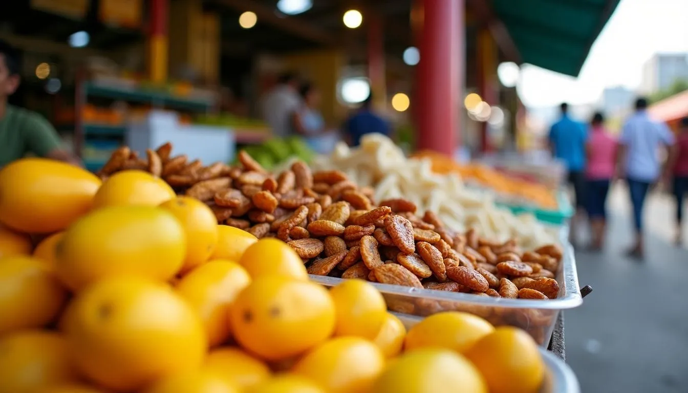 A colorful market stall selling dried fruits and seafood at Taboan Market.