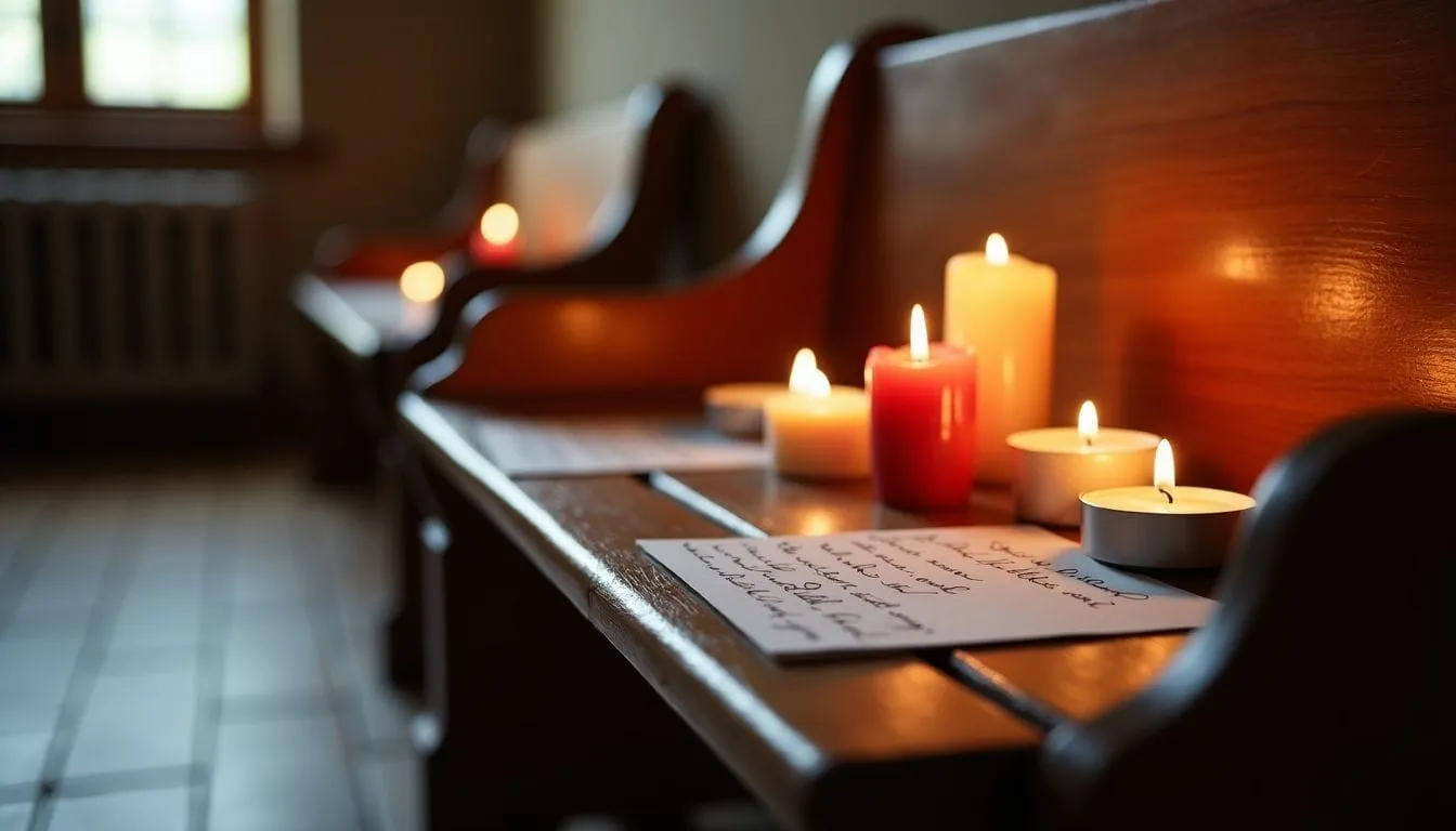 A wooden prayer bench adorned with candles and letters of gratitude. A wooden prayer bench adorned with candles and letters of gratitude.