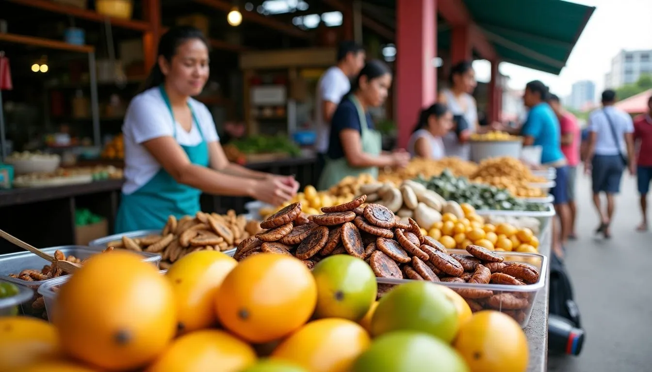 Taboan Market in Cebu displays dried seafood, mangoes, and local dishes.