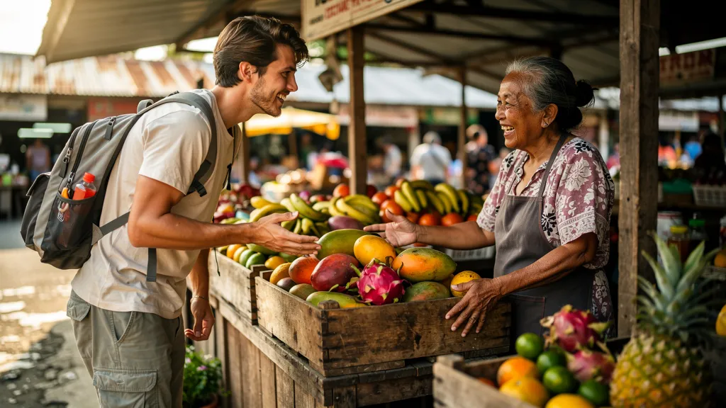 Tourist practicing Bisaya with friendly Cebu vendor