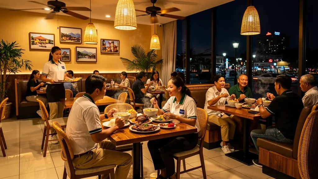 Busy 24-hour restaurant interior in Cebu City at night