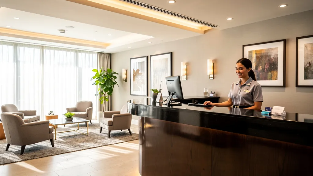 Professional hotel reception desk with friendly staff