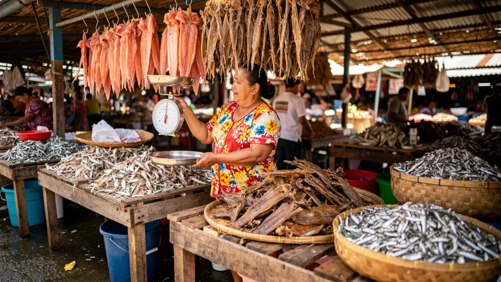 Vendor weighing dried seafood at Taboan Market