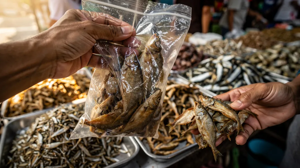 Selecting quality dried fish at Taboan Market