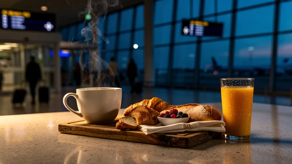 Early morning airport terminal with breakfast and coffee