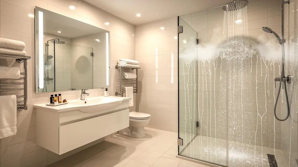 Clean hotel bathroom with hot shower and fresh towels